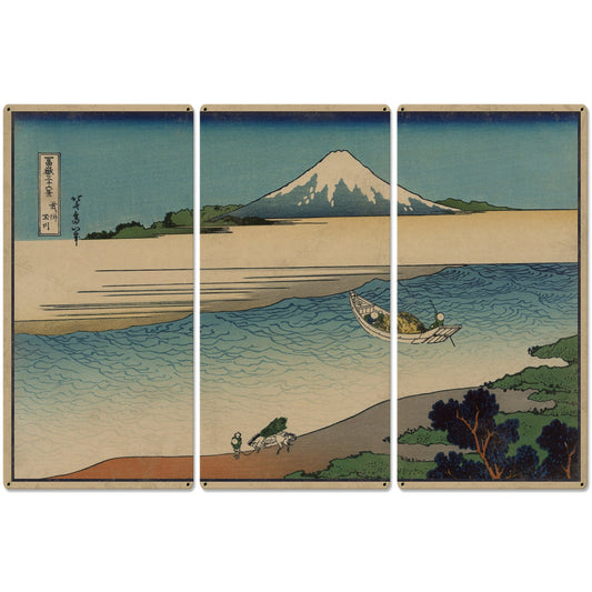 Tama River, Mount Fuji, Fisherman, Packhorse, 1890, Triptych Metal Sign, Oriental, Chinese,  Wall Decor, Wall Art 54"x36"