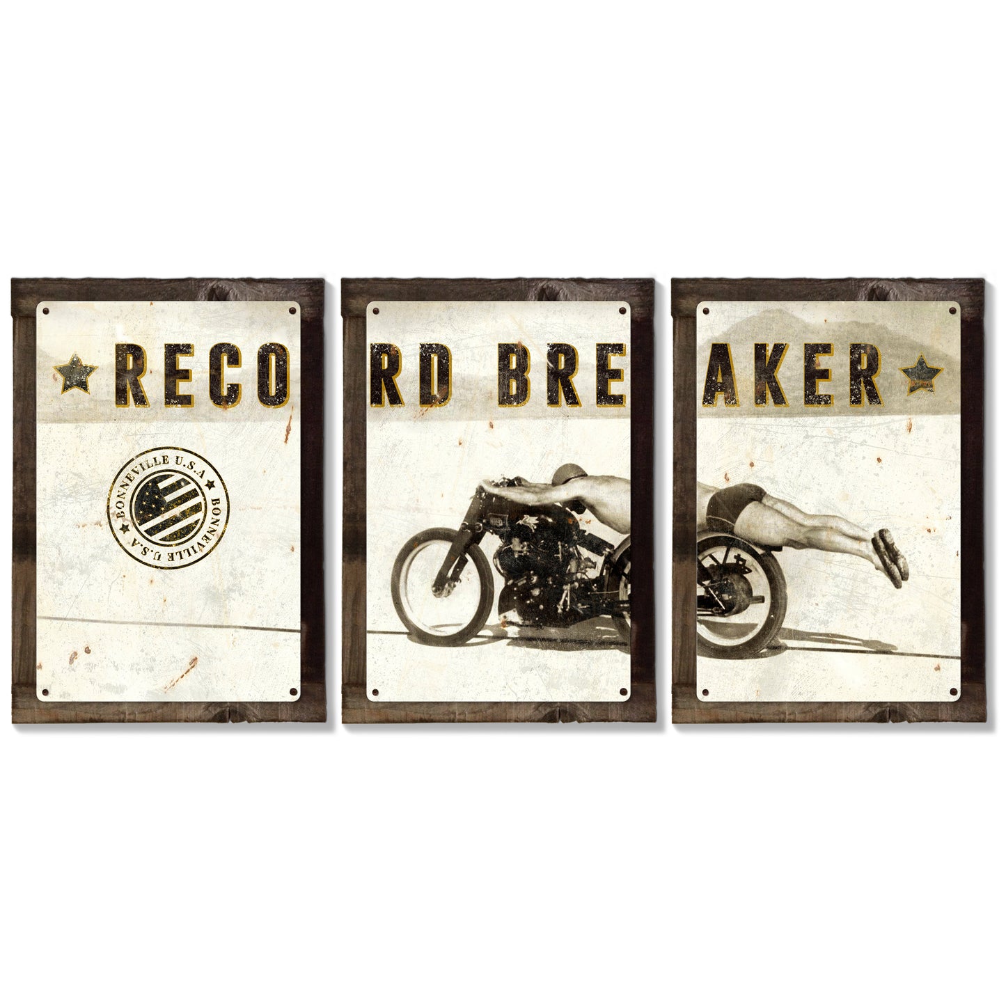 Bonneville, Motorcycle, Rollie Free, Record Breaker, Triptych METAL Sign, Wall Art , Optional Reclaimed Barn Wood Frame