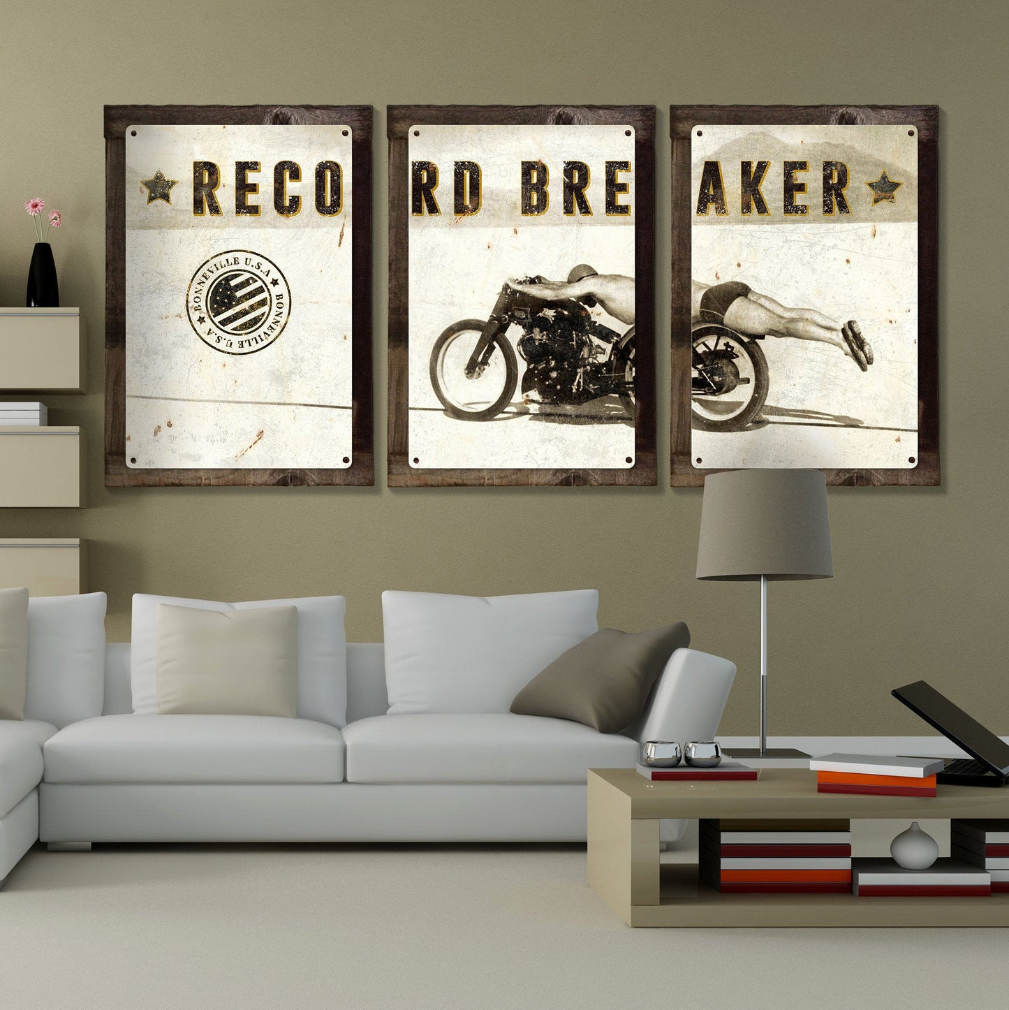 Bonneville, Motorcycle, Rollie Free, Record Breaker, Triptych METAL Sign, Wall Art , Optional Reclaimed Barn Wood Frame