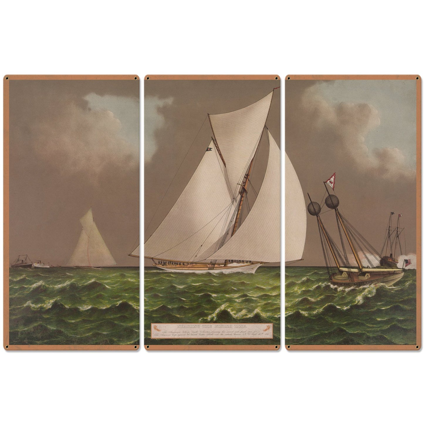 Nearing The Finish Line, The America's Cup, Volunteer, Currier & Ives 1887, Triptych Metal Sign, Americana, Wall Decor, Wall Art 54"x36"