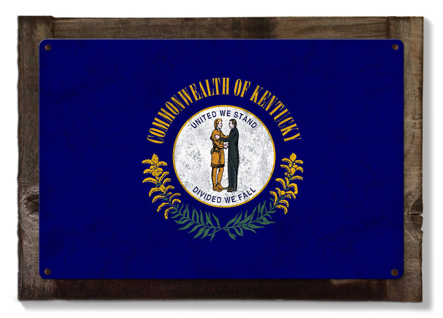 Kentucky State Flag, United We Stand Divided we Fall, Metal Sign, Optional Rustic Wood Frame, Wall Decor, Wall Art