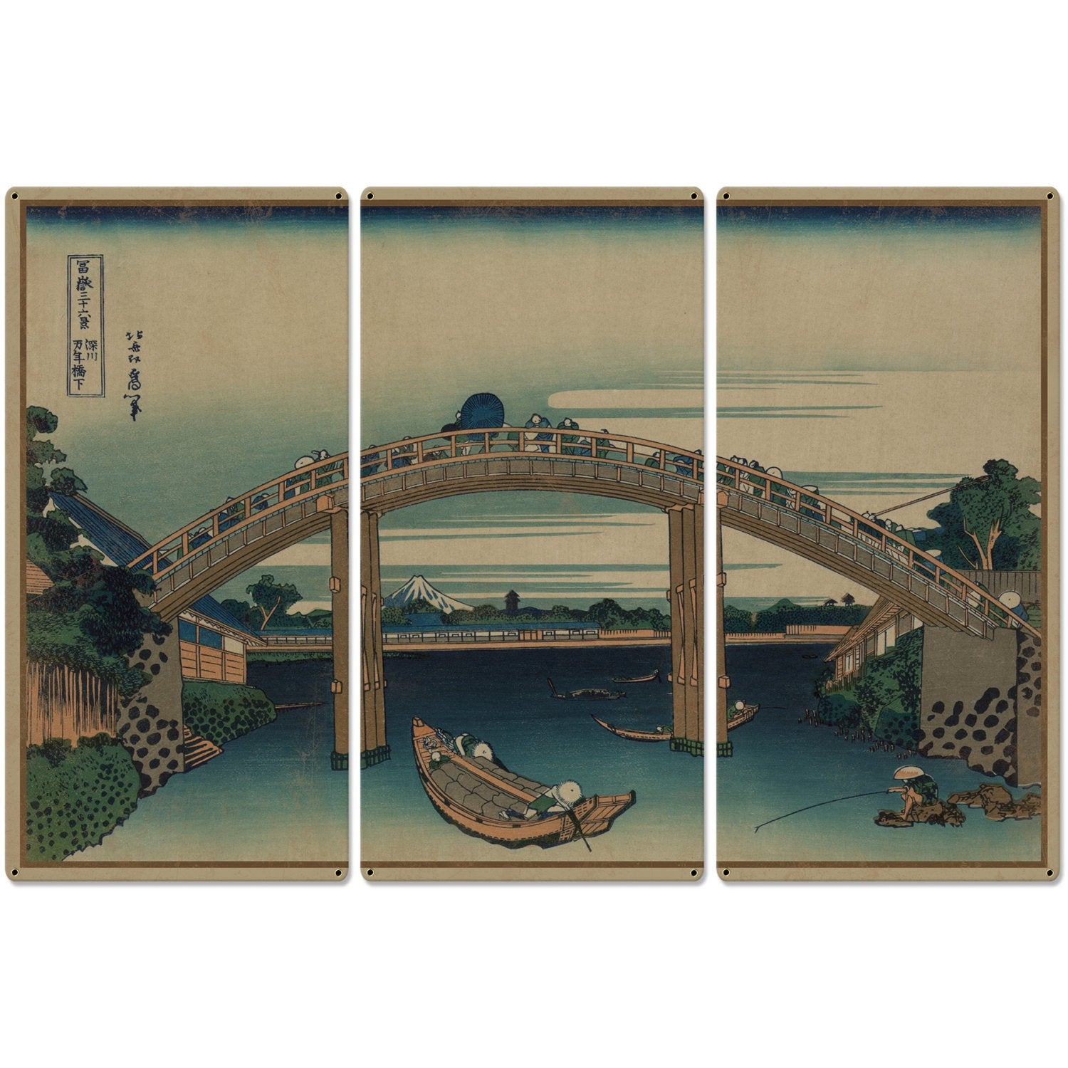Beneath Mannen Bridge, Mount Fuji, Fukagawa Mannenbashi Shita, 1826, Triptych Metal Sign, Oriental, Chinese,  Wall Decor, Wall Art 54"x36"