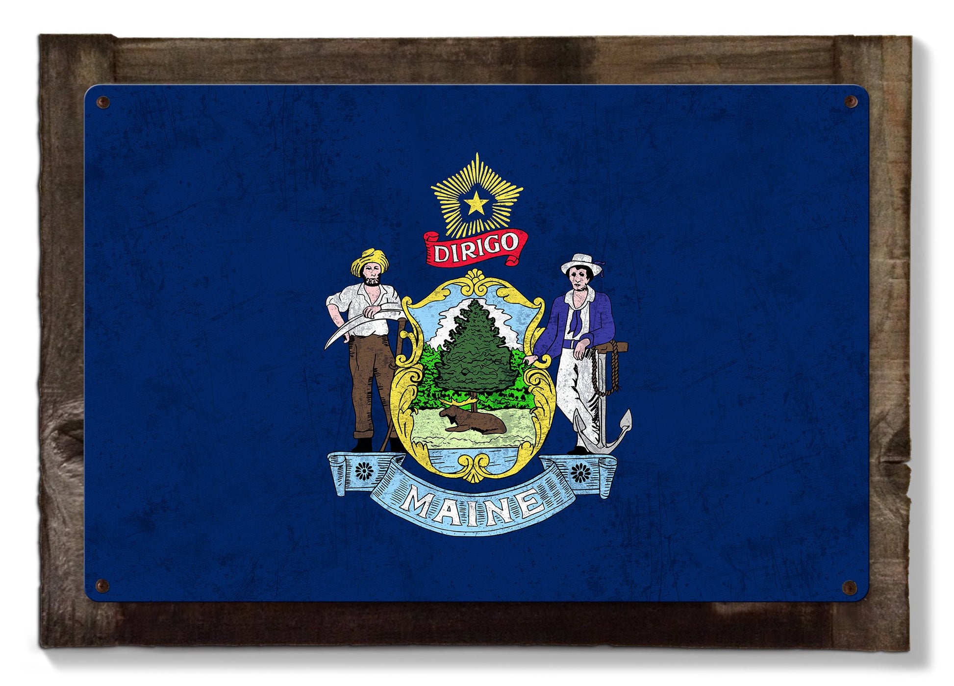 Maine State Flag, It Must be Maine, Metal Sign, Optional Rustic Wood Frame, Wall Decor, Wall Art, Vintage, FREE SHIPPING!