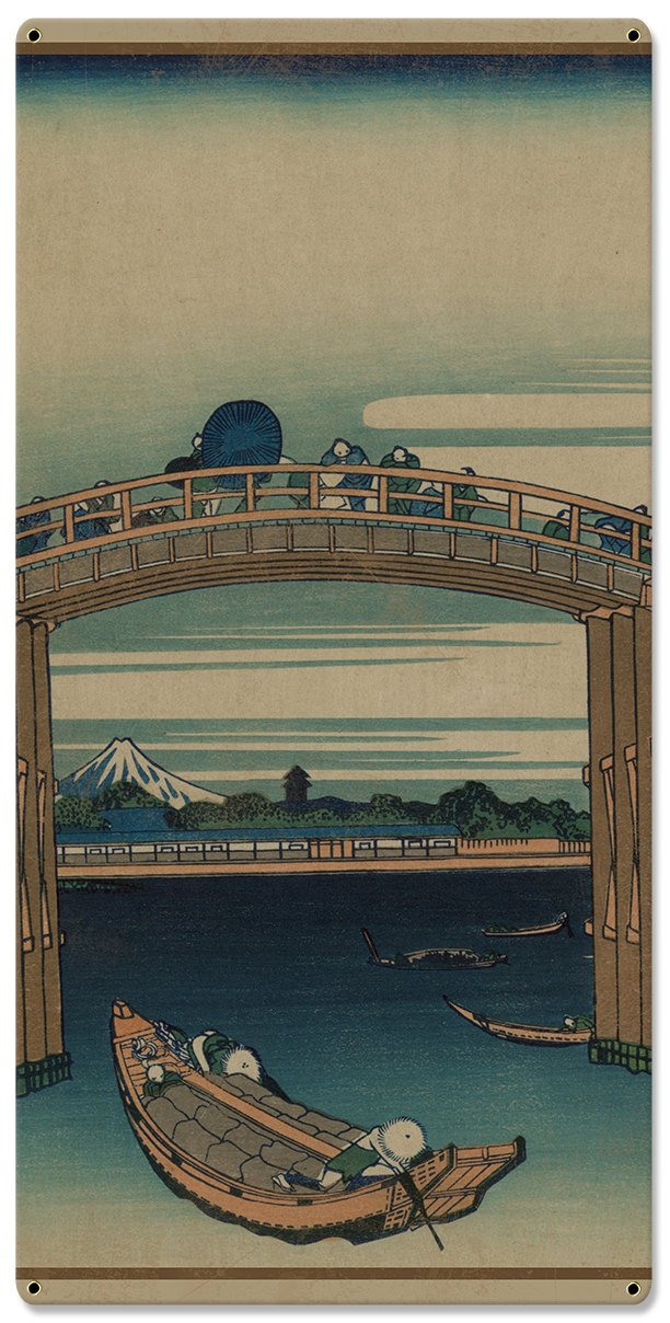Beneath Mannen Bridge, Mount Fuji, Fukagawa Mannenbashi Shita, 1826, Triptych Metal Sign, Oriental, Chinese,  Wall Decor, Wall Art 54"x36"