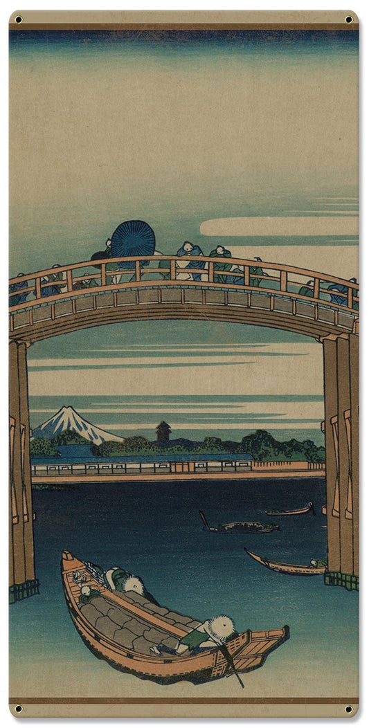 Beneath Mannen Bridge, Mount Fuji, Fukagawa Mannenbashi Shita, 1826, Triptych Metal Sign, Oriental, Chinese,  Wall Decor, Wall Art 54"x36"