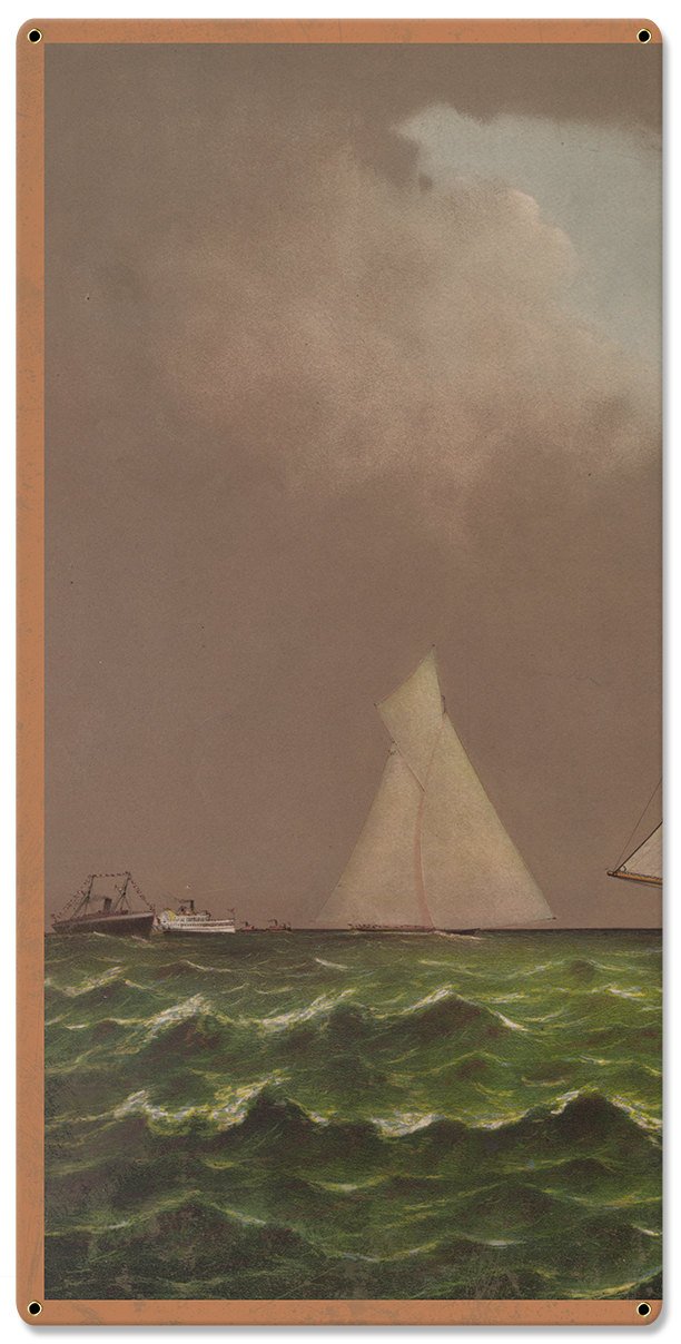 Nearing The Finish Line, The America's Cup, Volunteer, Currier & Ives 1887, Triptych Metal Sign, Americana, Wall Decor, Wall Art 54"x36"