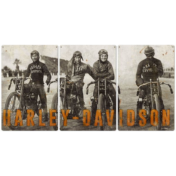 Harley Davidson Wall Art, Motorcycle Board Track Racers, Vintage Photo, Triptych METAL Sign, Optional Reclaimed Barn Wood Frame