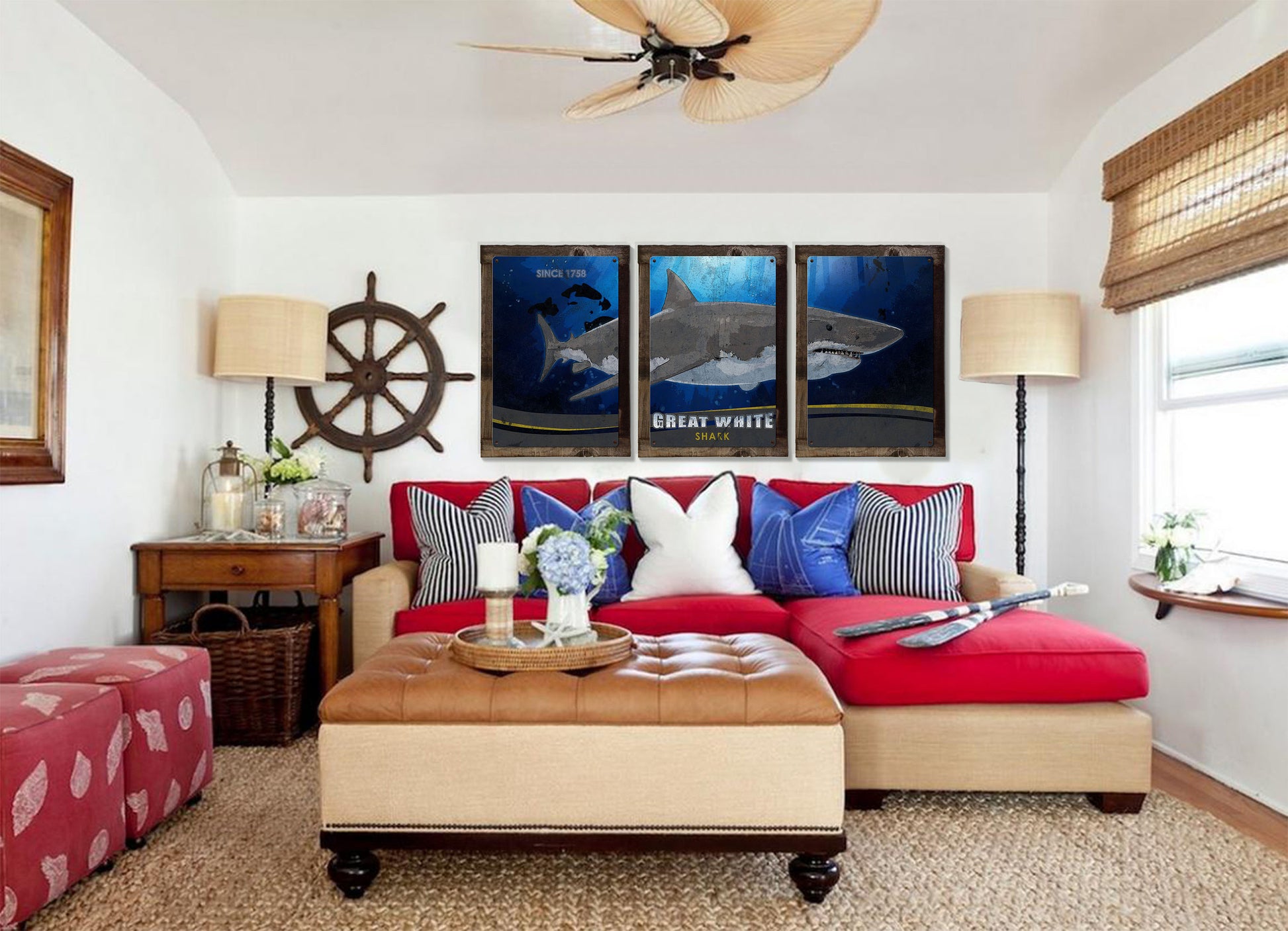 Great White Shark, METAL Triptych, Optional Rustic Wood Frame, Sharks, Wall Art, Ocean, Nautical