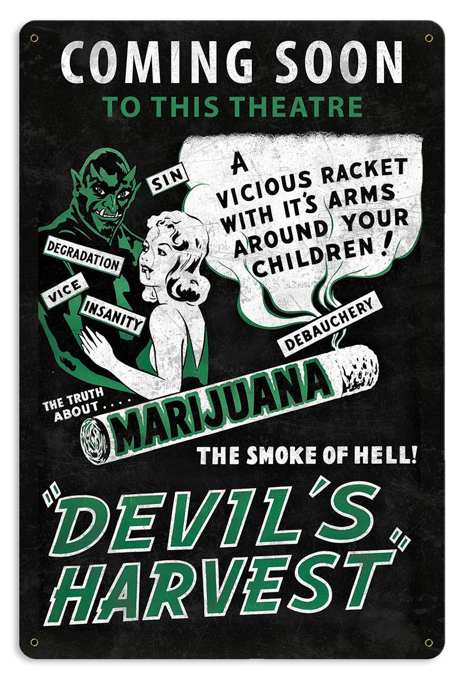Devils Harvest Reefer Madness Marijuana Metal Sign 12" x 18"
