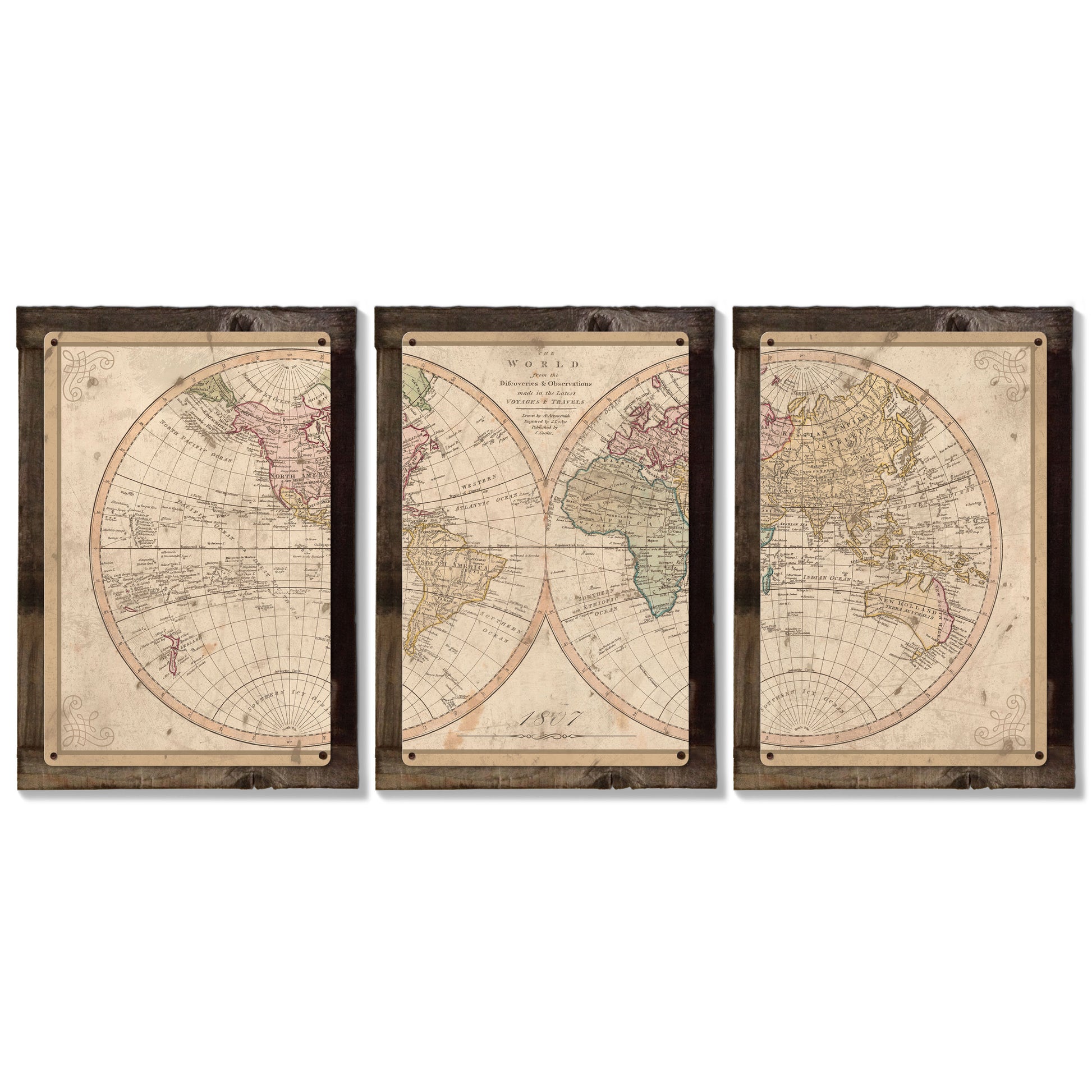 Vintage World Map, 1807, Triptych METAL Sign, Americana, Wall Decor, Globe Wall Art , Optional Reclaimed Barn-wood Frame