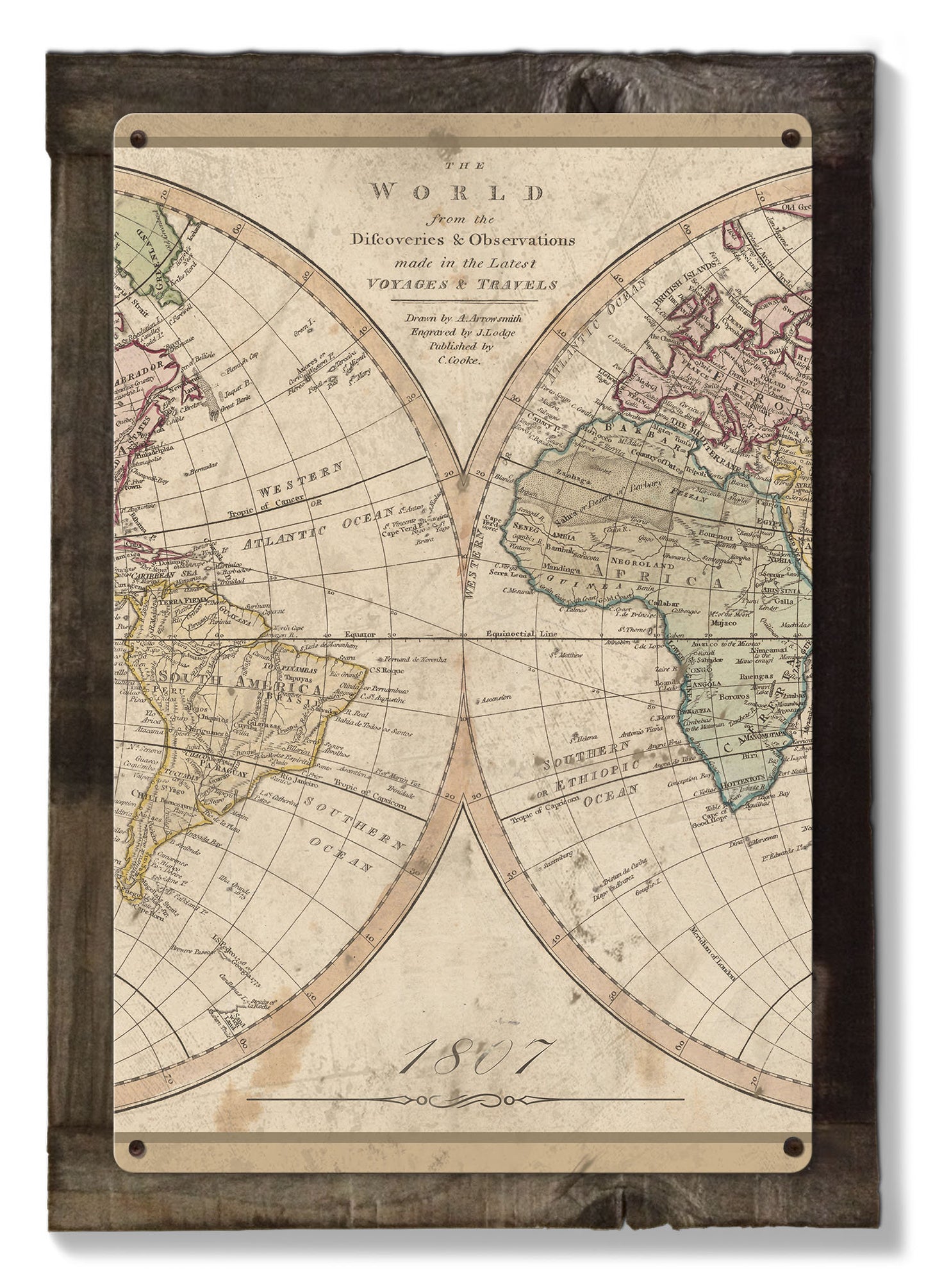 Vintage World Map, 1807, Triptych METAL Sign, Americana, Wall Decor, Globe Wall Art , Optional Reclaimed Barn-wood Frame