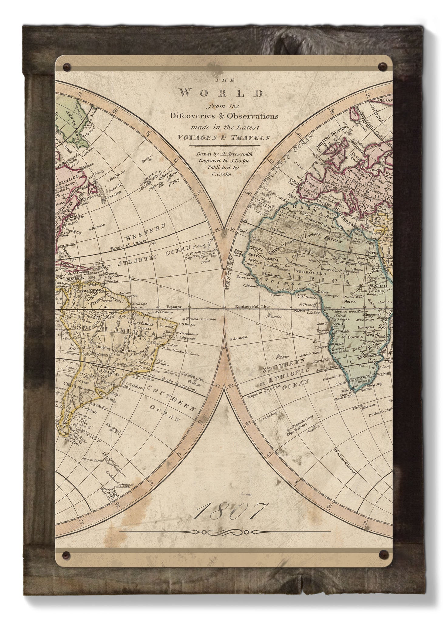 Vintage World Map, 1807, Triptych METAL Sign, Americana, Wall Decor, Globe Wall Art , Optional Reclaimed Barn-wood Frame