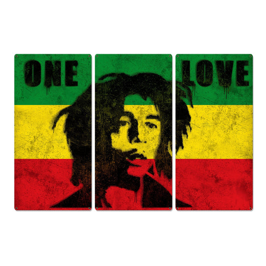Bob Marley, Spray Art, One Love, Triptych Metal Sign, Street Art, Reggae, Rasta, Flag, Wall Decor, Wall Art, Vintage, 54"x36"