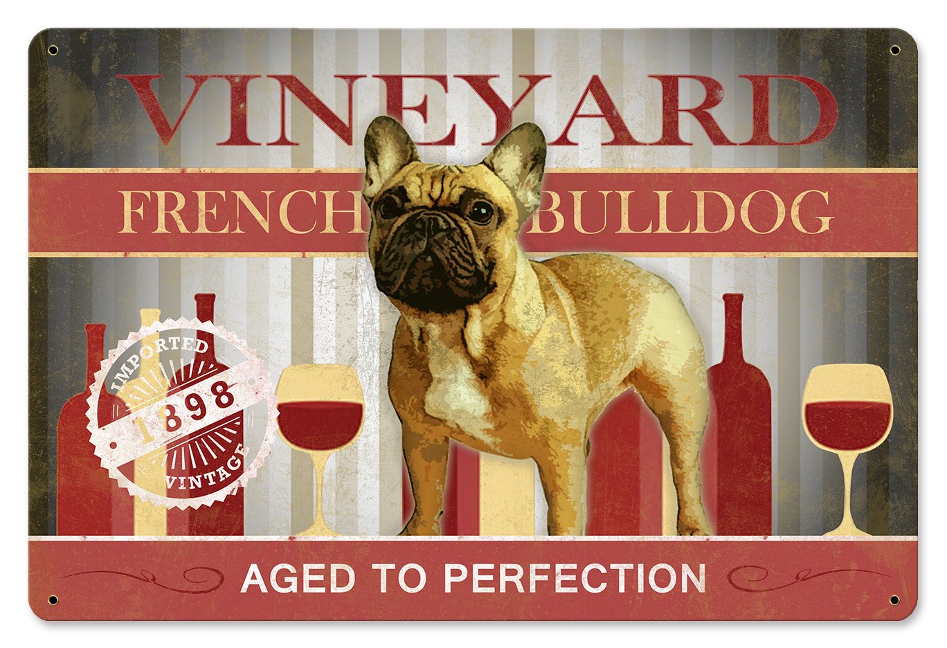 French Bulldog, Vineyard, Aged to Perfection, Wall Art, Wall Decor, French Bulldog Art,  Dog Metal Sign, Wood Frame 18" x 12"