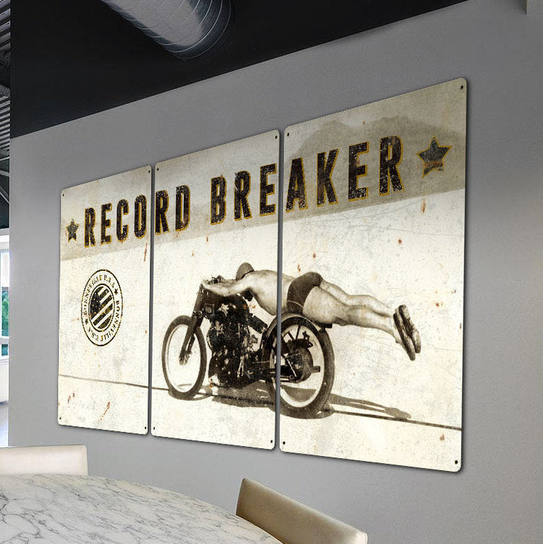 Bonneville, Motorcycle, Rollie Free, Record Breaker, Triptych METAL Sign, Wall Art , Optional Reclaimed Barn Wood Frame
