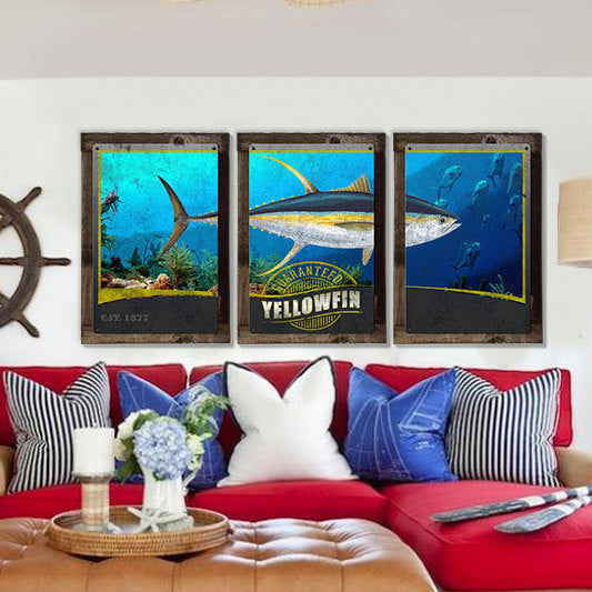 Ahi, Yellowfin Tuna, METAL Triptych, Optional Rustic Wood Frame, Sport Fishing, Wall Art, Ocean, Nautical