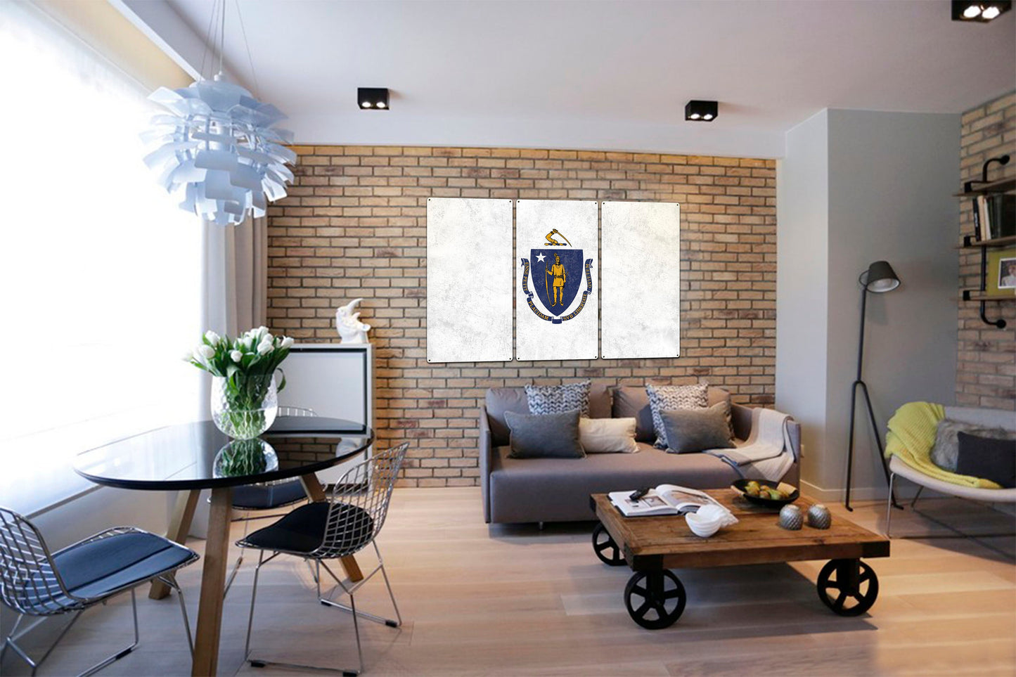 Massachusetts State Flag,  The Spirit of America, Triptych Metal Sign, Wall Decor, Wall Art, Vintage, 54"x36"