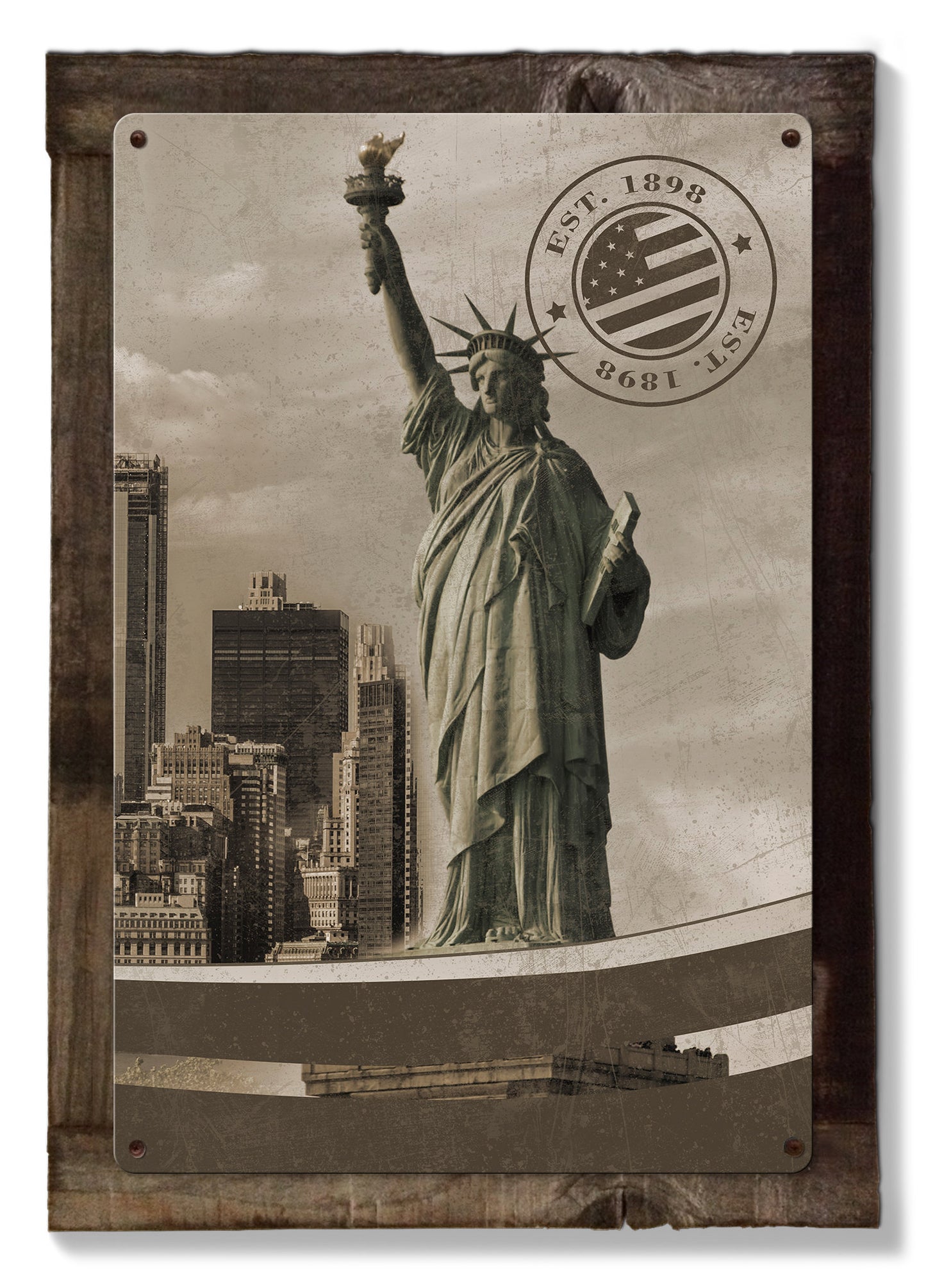 New York City, Skyline, Landmarks Brooklyn Bridge, Statue of Liberty , METAL Triptych, Optional Rustic Wood Frame, Wall Art