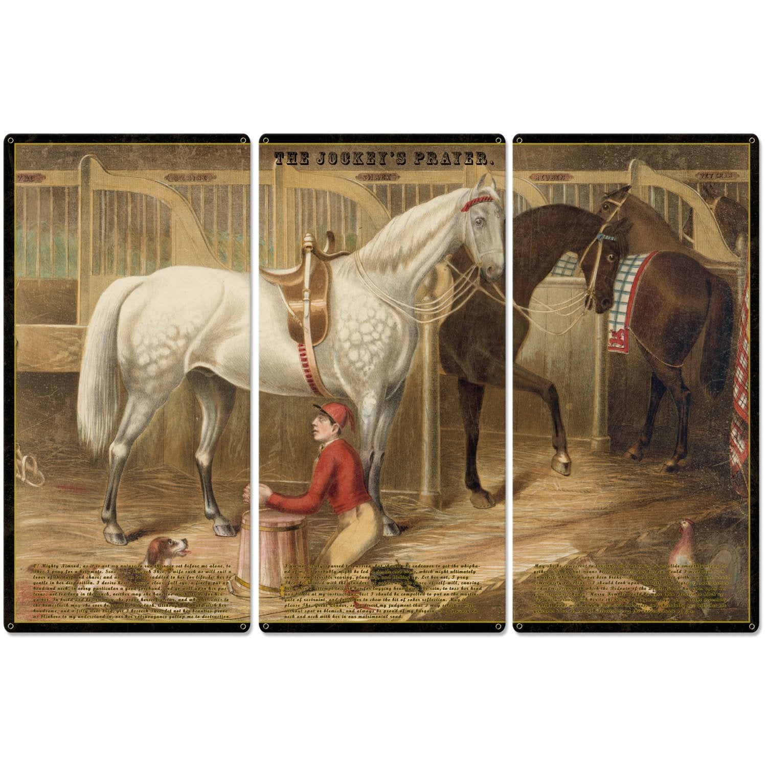 The Jockey's Prayer, With Prayer Text, Currier & Ives 1868, Horse Races, Triptych Metal Sign, Americana, Wall Decor, Wall Art 54"x36"