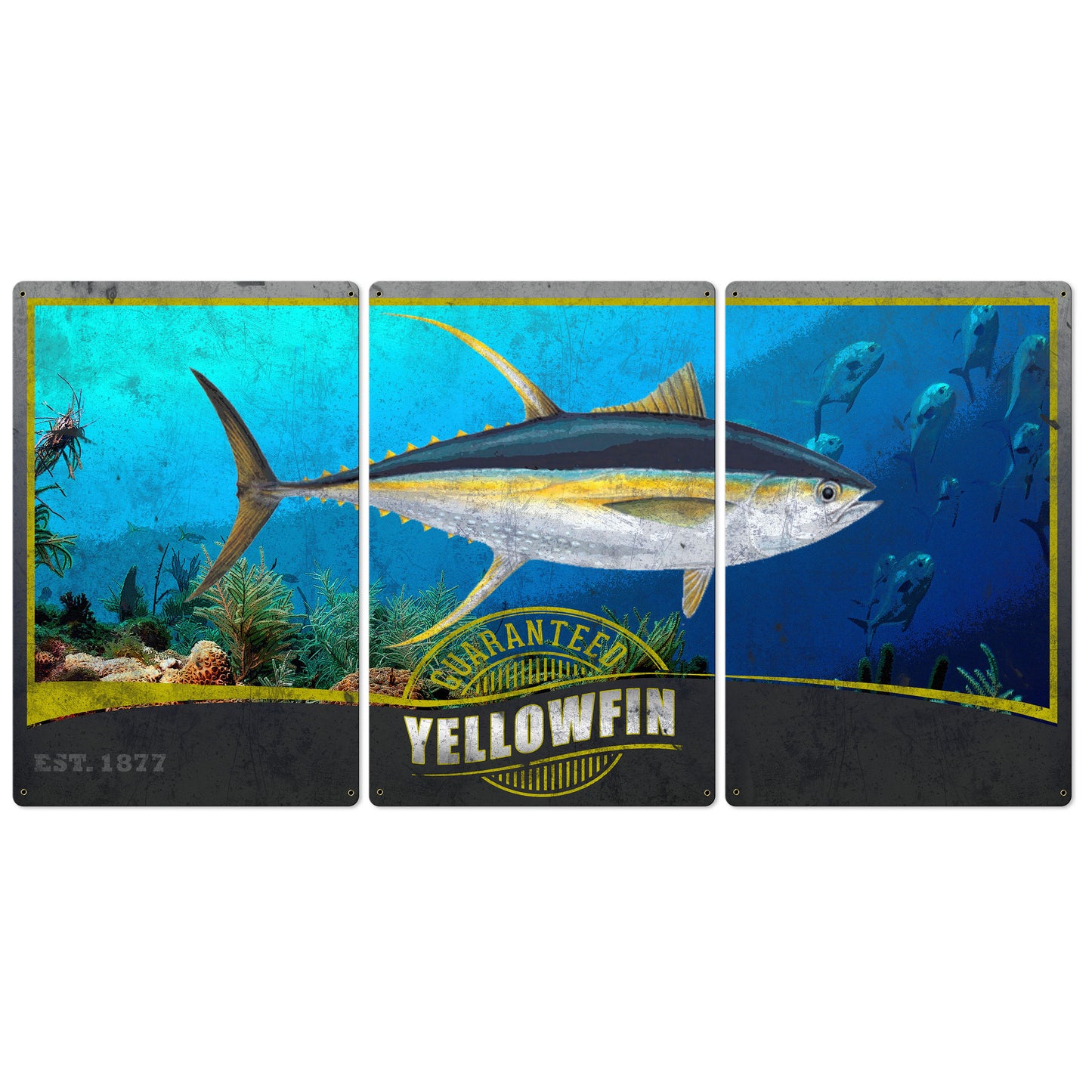 Ahi, Yellowfin Tuna, METAL Triptych, Optional Rustic Wood Frame, Sport Fishing, Wall Art, Ocean, Nautical