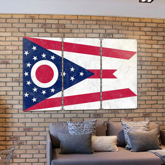 Ohio State Flag, First in Aviation, Triptych Metal Sign, Wall Decor, Wall Art, Vintage, 54"x36"