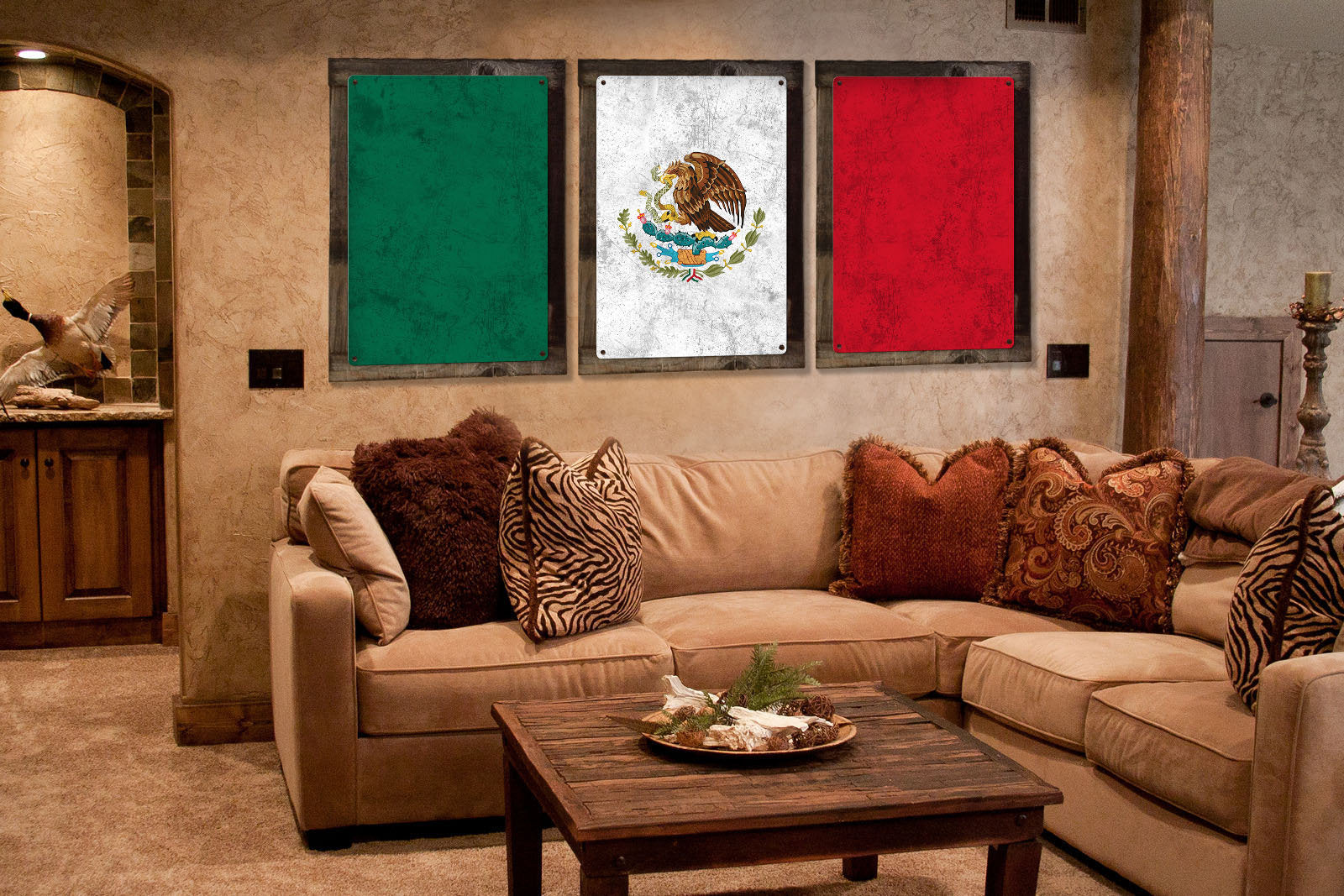 Mexico Flag, Triptych METAL Sign, Vintage, Antique, Decor, Wall Art , Optional Reclaimed Barn-wood Frame