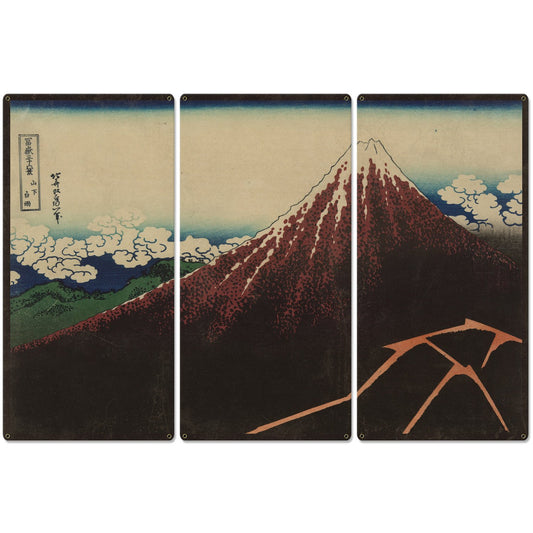 Shower below the summit, Mount Fuji, Eruption, Volcano, 1826, Triptych Metal Sign, Oriental, Chinese,  Wall Decor, Wall Art 54"x36"