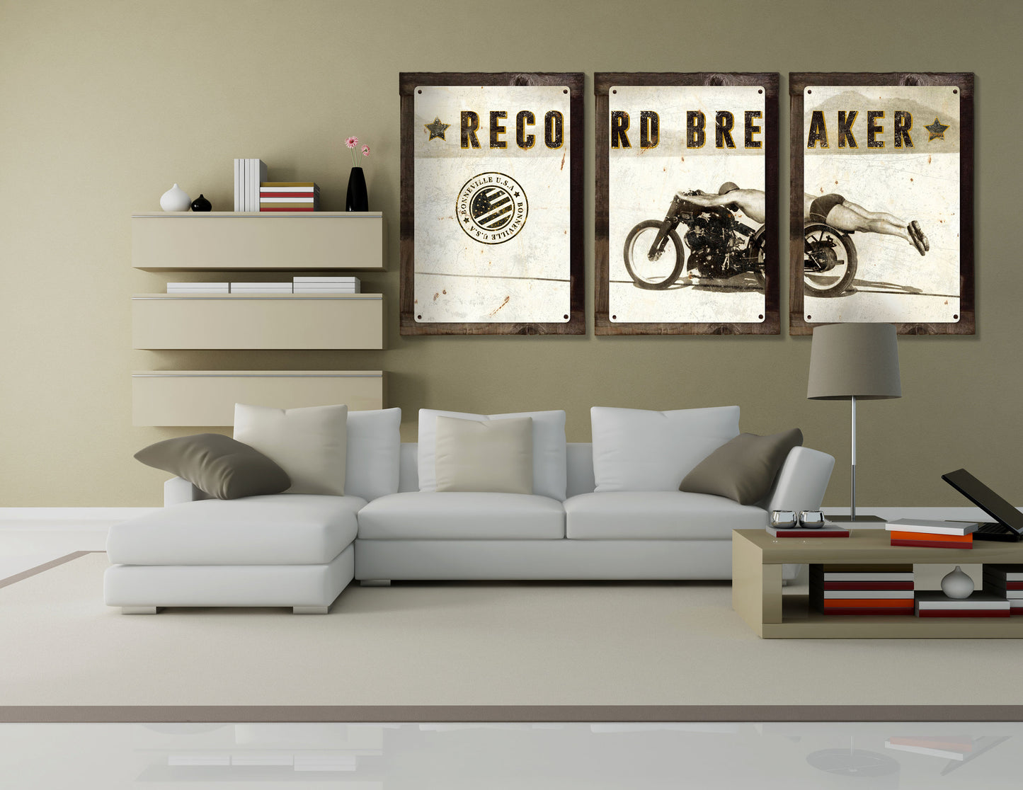 Bonneville, Motorcycle, Rollie Free, Record Breaker, Triptych METAL Sign, Wall Art , Optional Reclaimed Barn Wood Frame