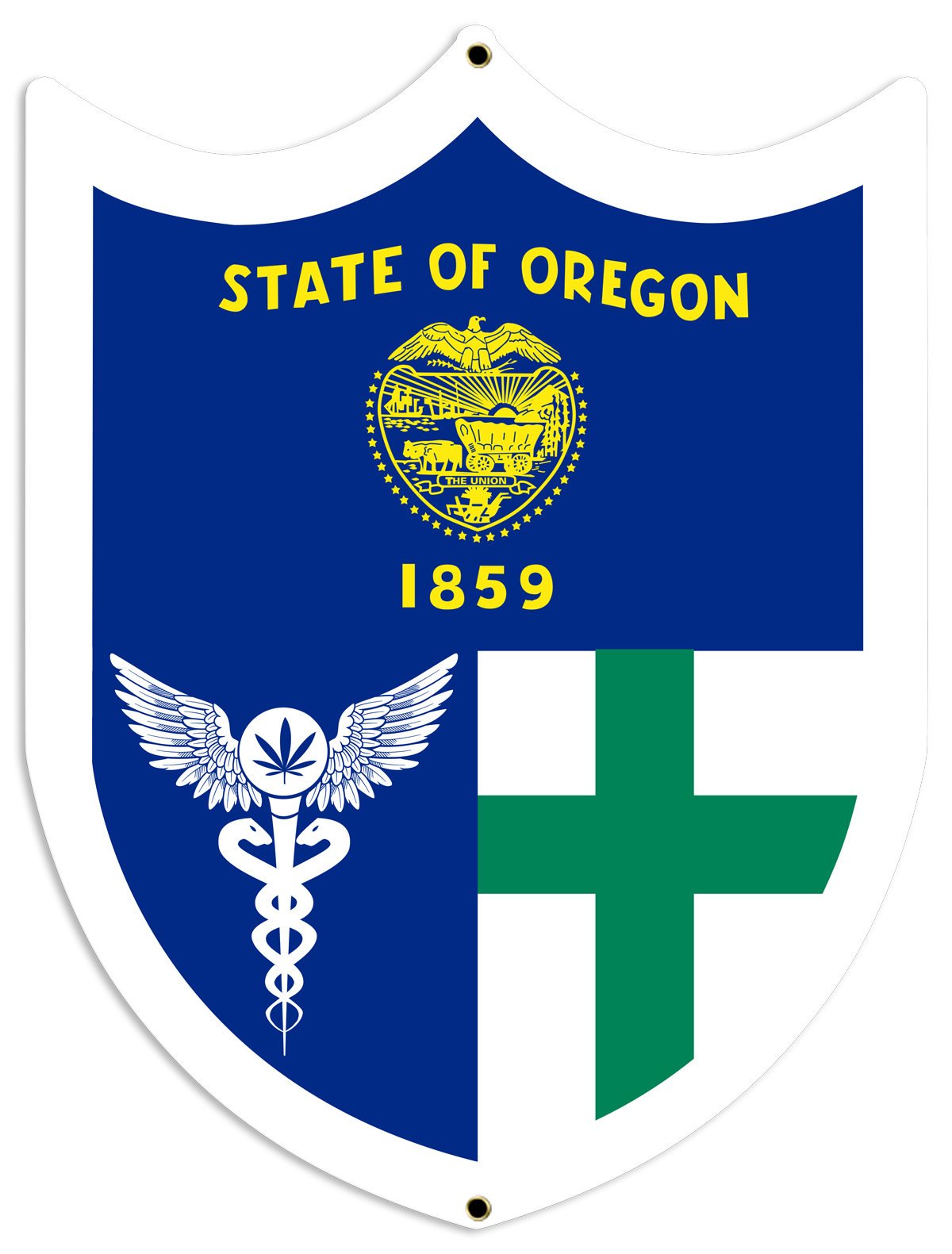 Oregon Flag, Green Cross, Medical Marijuana, Cannabis,  Shield, Wall Decor, Cannabis Dispensary Decor, Man Cave Sign, Metal Sign 18"x24"