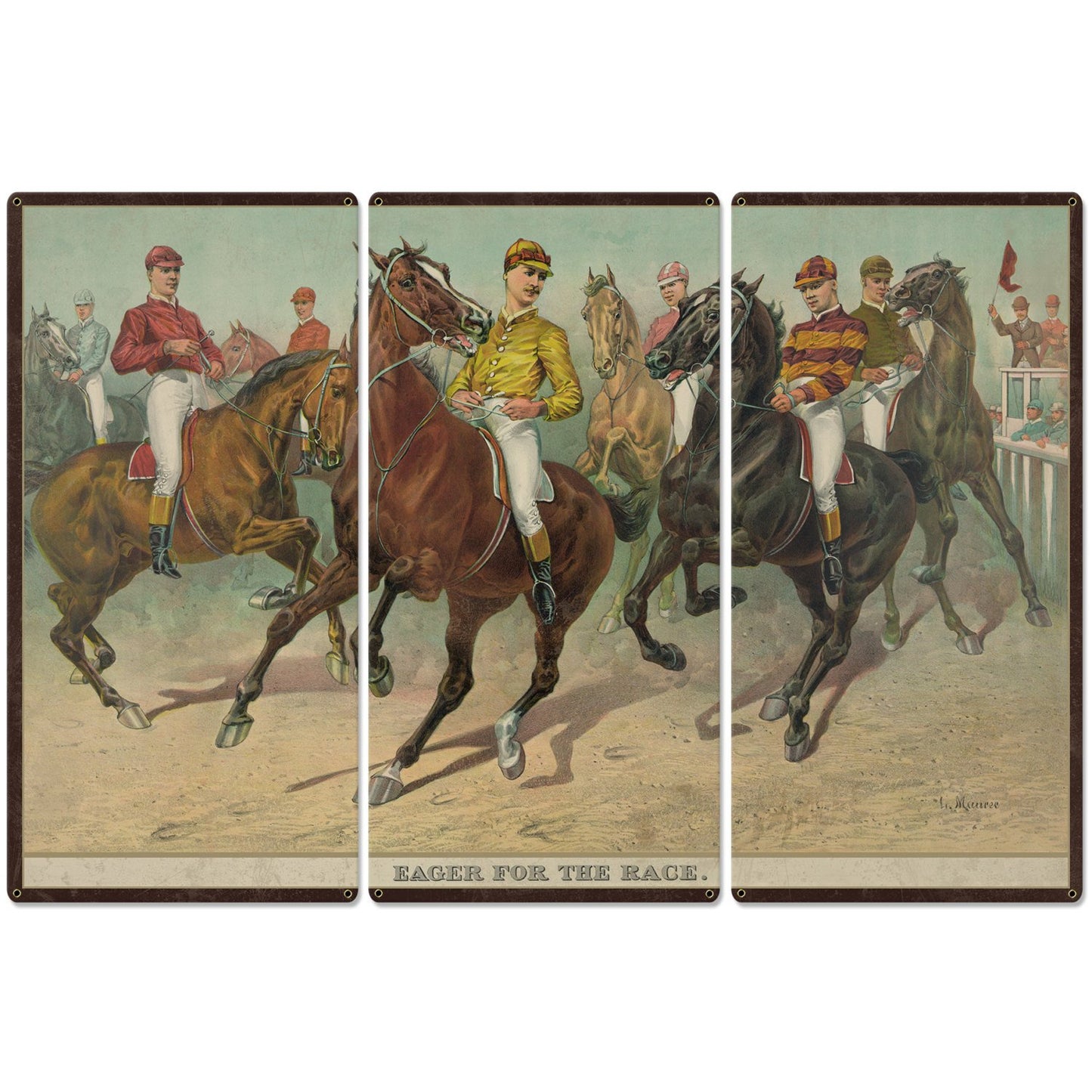 Eager For The Race, Seven Jockeys Currier & Ives 1893, Horse Races, Triptych Metal Sign, Americana, Wall Decor, Wall Art 54"x36"