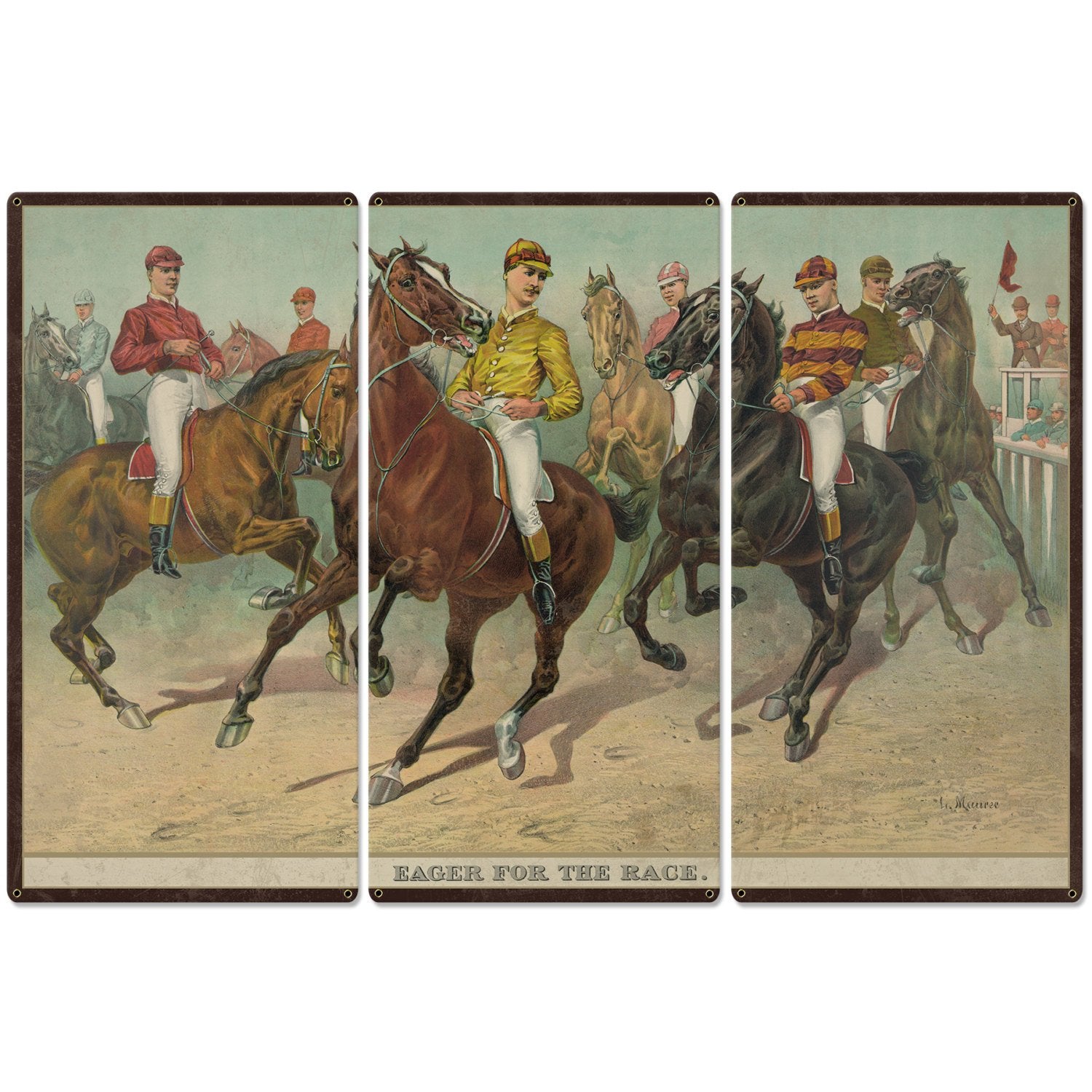 Eager For The Race, Seven Jockeys Currier & Ives 1893, Horse Races, Triptych Metal Sign, Americana, Wall Decor, Wall Art 54"x36"