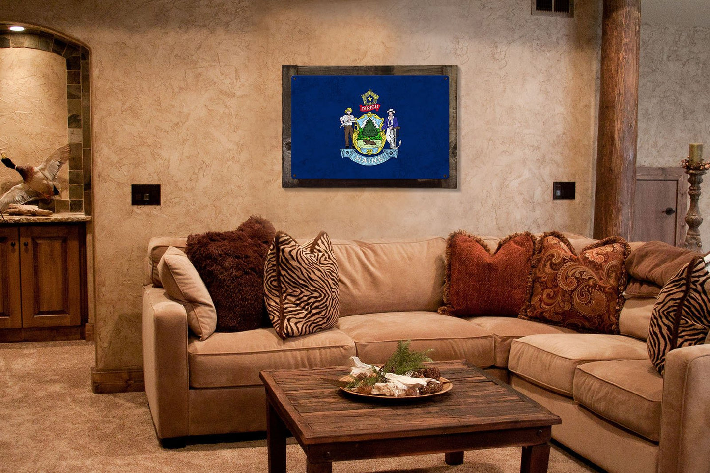 Maine State Flag, It Must be Maine, Metal Sign, Optional Rustic Wood Frame, Wall Decor, Wall Art, Vintage, FREE SHIPPING!