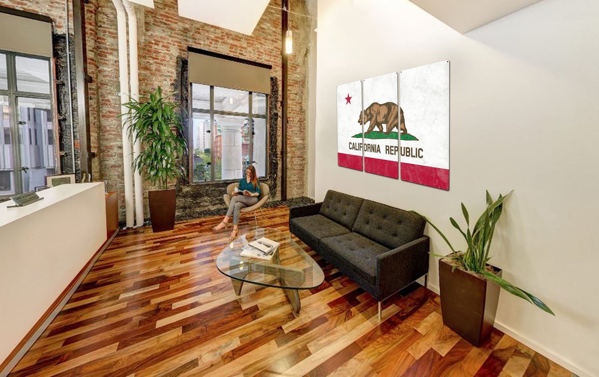 California State Flag, California Bear, Eureka! ; The Golden State, Triptych Metal Sign, Wall Decor, Wall Art, Vintage, 54"x36"