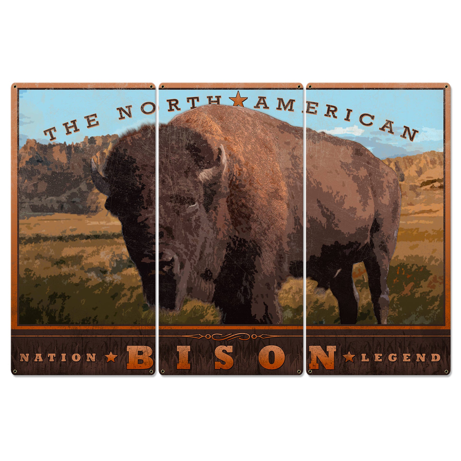 The North American Bison, Buffalo, Tatanka, Western, Americana, Native American, Indian, Triptych, Metal Sign, Wall Decor, Wall Art, 54"x36"
