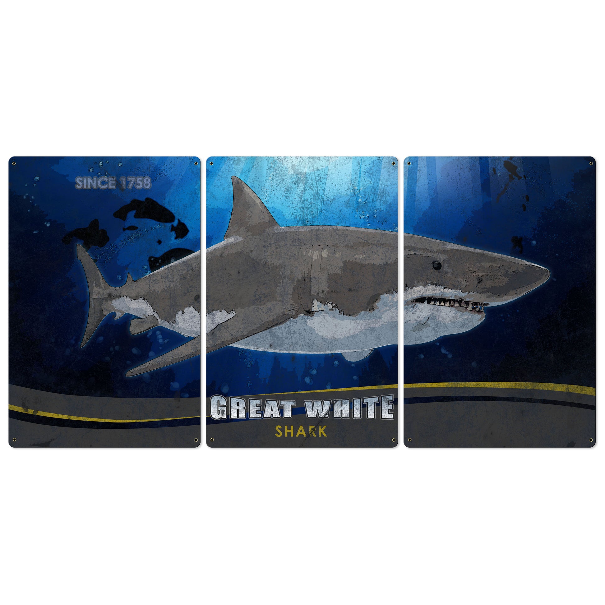 Great White Shark, METAL Triptych, Optional Rustic Wood Frame, Sharks, Wall Art, Ocean, Nautical