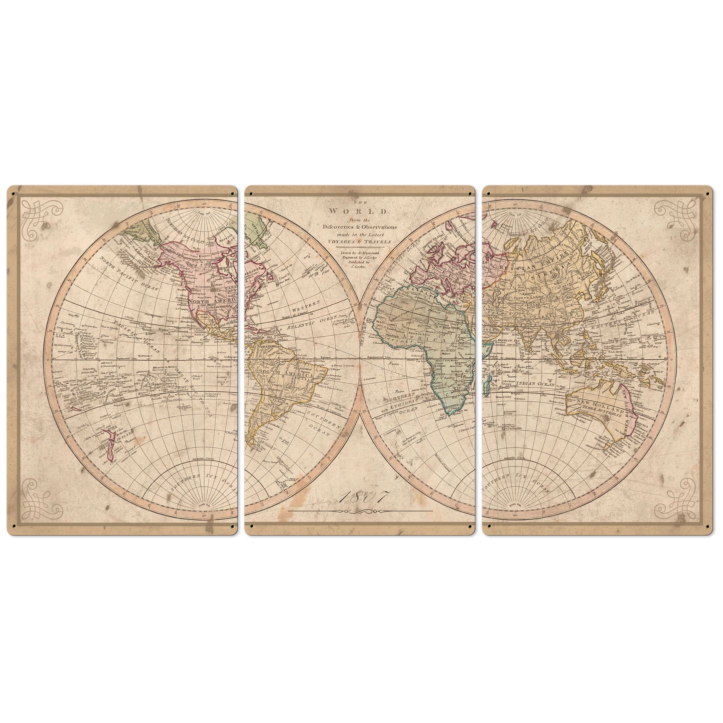 Vintage World Map, 1807, Triptych METAL Sign, Americana, Wall Decor, Globe Wall Art , Optional Reclaimed Barn-wood Frame