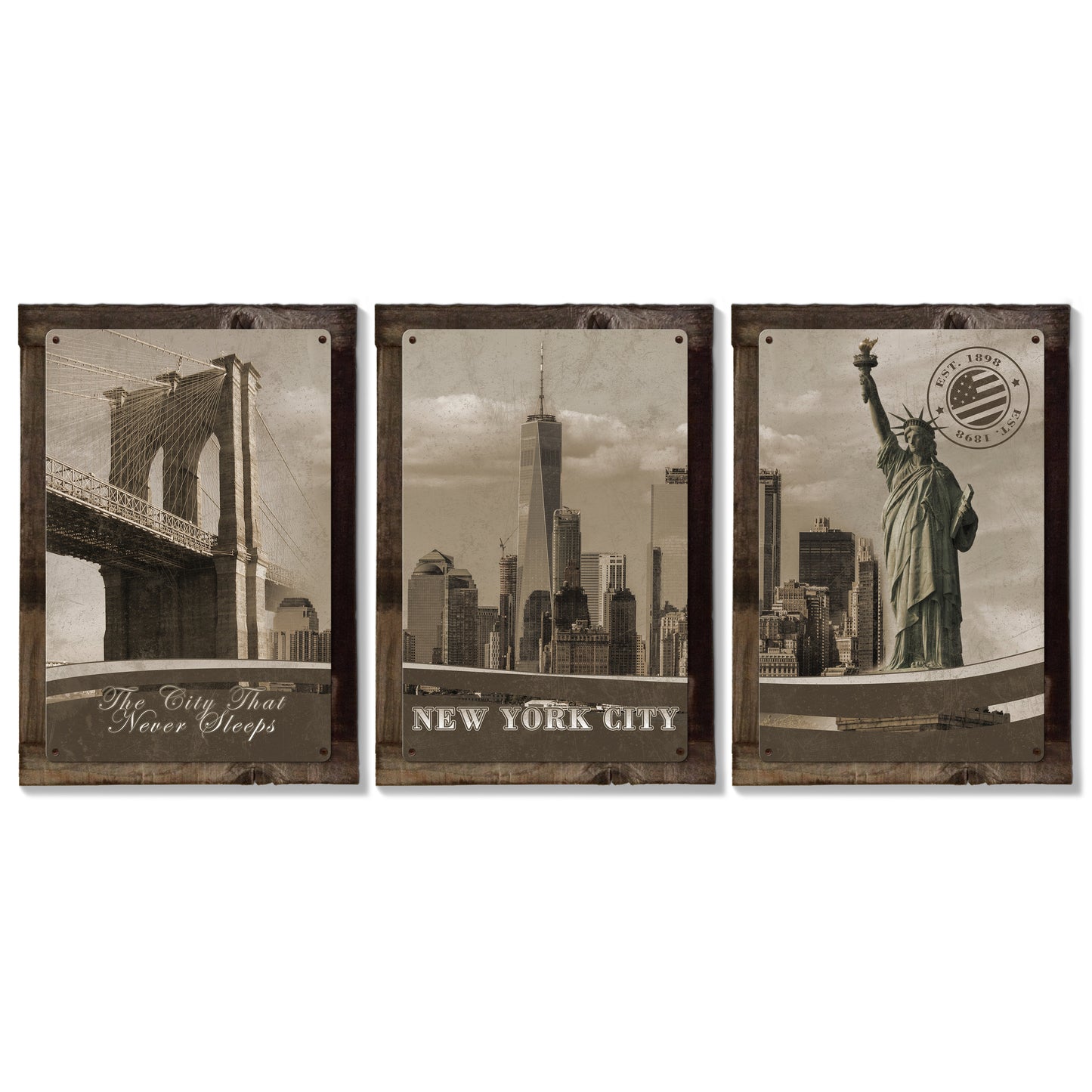 New York City, Skyline, Landmarks Brooklyn Bridge, Statue of Liberty , METAL Triptych, Optional Rustic Wood Frame, Wall Art