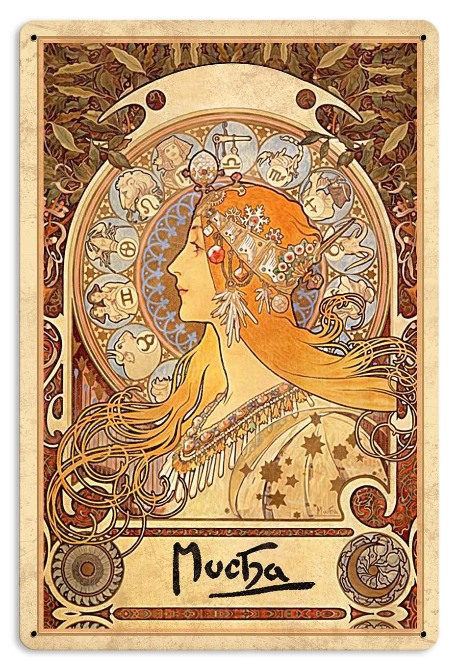 Mucha, Zociac, Metal Sign, Wall Decor, Nouveau Art 12"x18"
