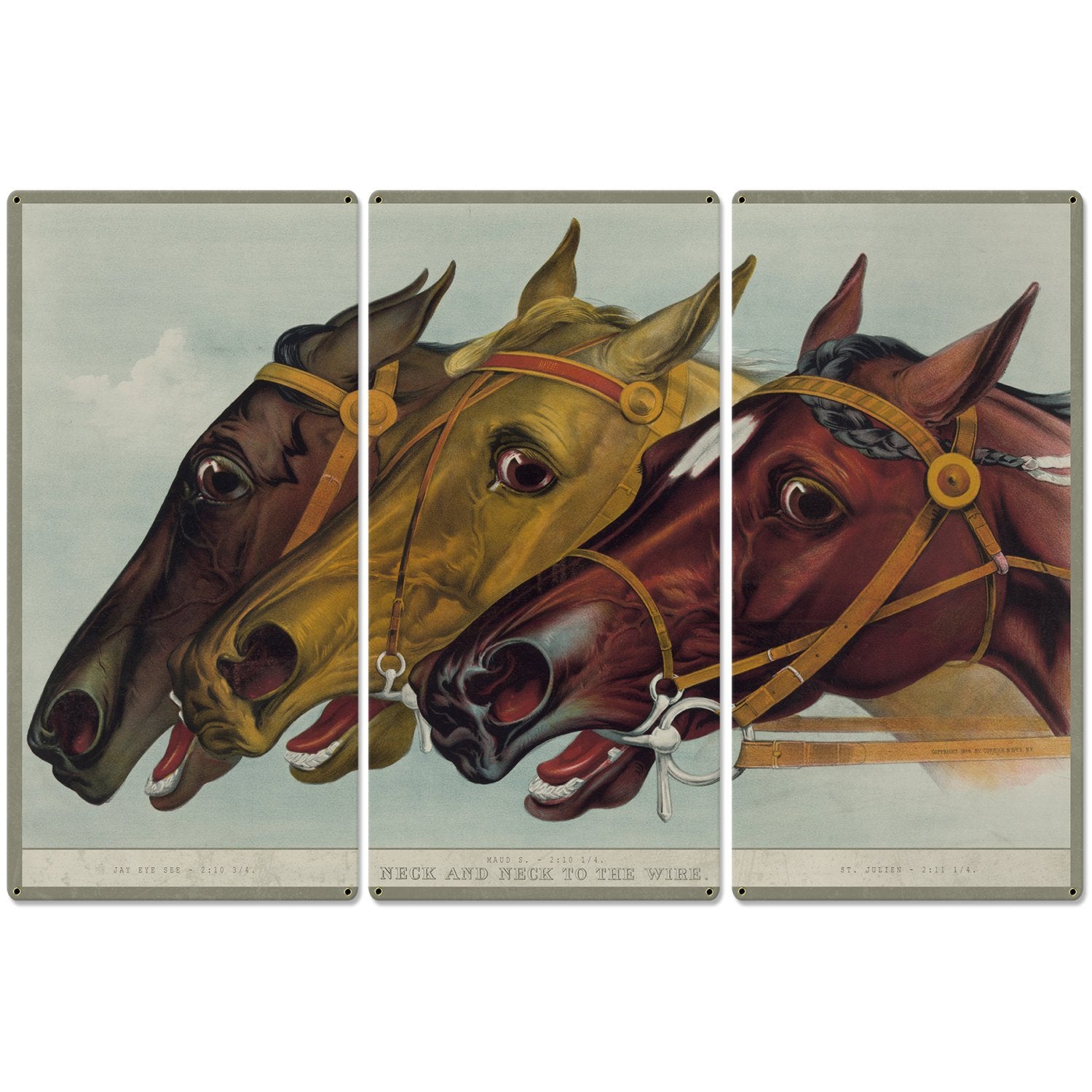 Neck and Neck to the Wire, Jay Eye See, Currier & Ives 1884, Horse Races, Triptych Metal Sign, Americana, Wall Decor, Wall Art 54"x36"