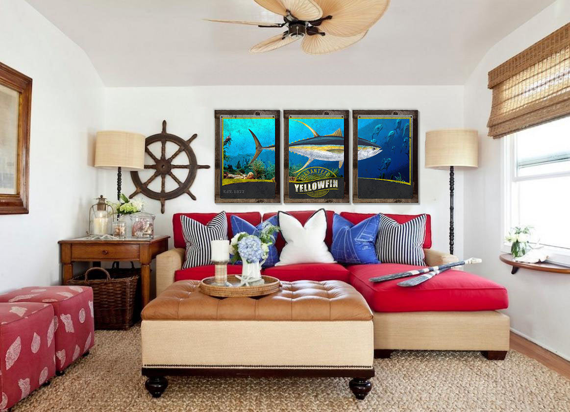 Ahi, Yellowfin Tuna, METAL Triptych, Optional Rustic Wood Frame, Sport Fishing, Wall Art, Ocean, Nautical