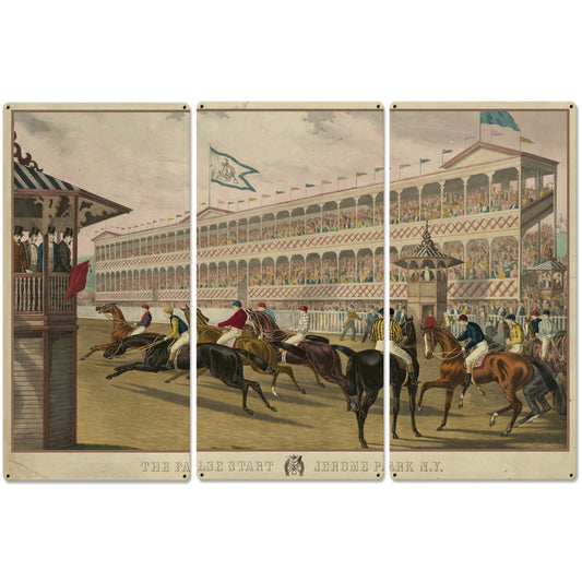 The False Start, Jerome Park New York, Currier & Ives 1868, Horse Races, Triptych Metal Sign, Americana, Wall Decor, Wall Art 54"x36"