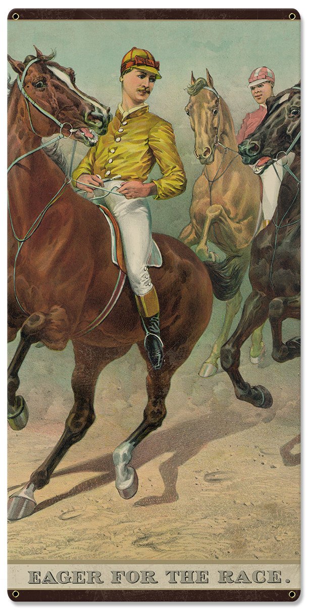 Eager For The Race, Seven Jockeys Currier & Ives 1893, Horse Races, Triptych Metal Sign, Americana, Wall Decor, Wall Art 54"x36"