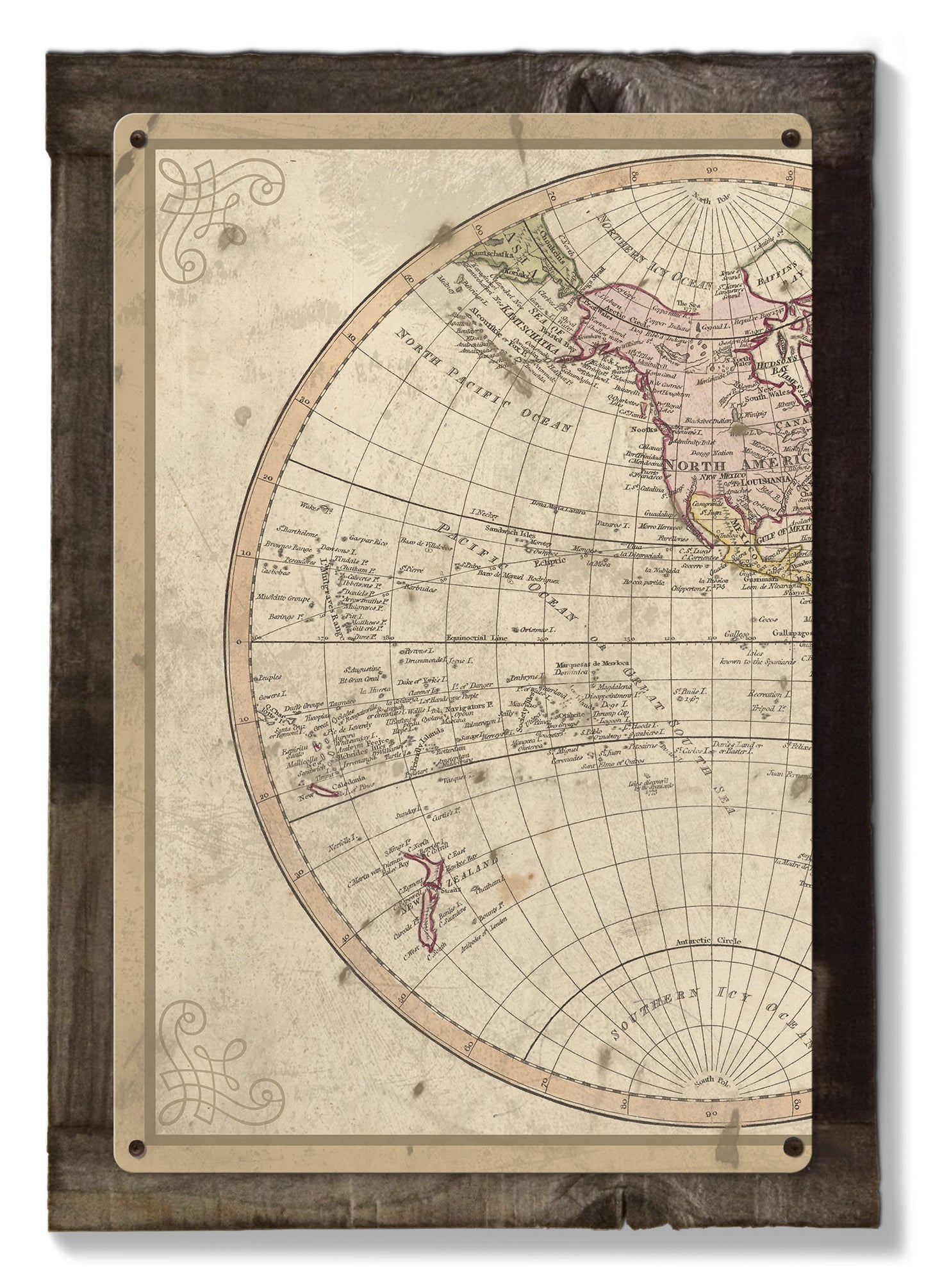 Vintage World Map, 1807, Triptych METAL Sign, Americana, Wall Decor, Globe Wall Art , Optional Reclaimed Barn-wood Frame