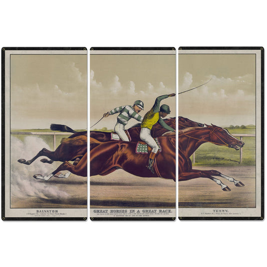Salvator VS Tenny, Currier & Ives 1890, Horse Races, Horses, Racing, Triptych Metal Sign, Americana, Wall Decor, Wall Art 54"x36"