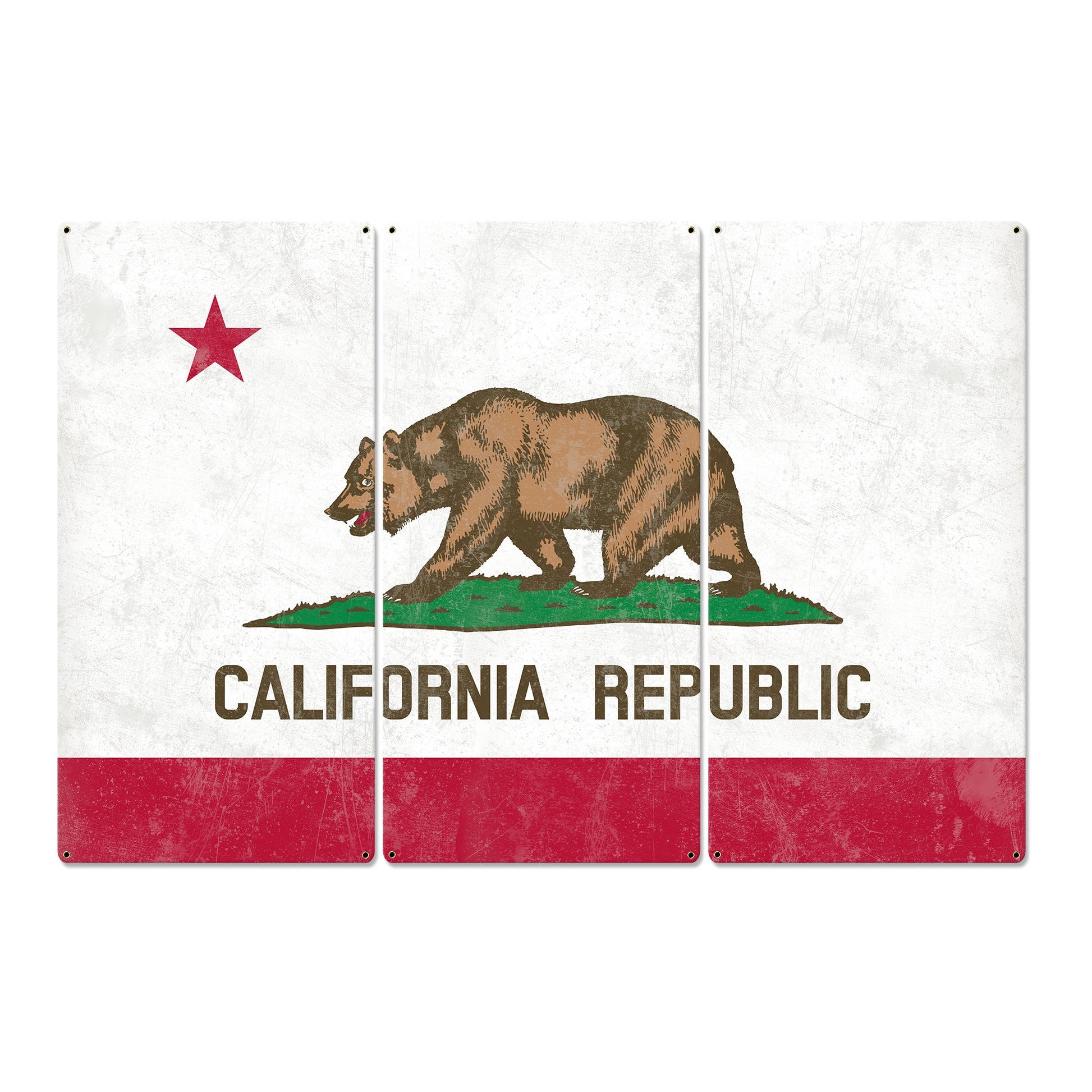 California State Flag, California Bear, Eureka! ; The Golden State, Triptych Metal Sign, Wall Decor, Wall Art, Vintage, 54"x36"