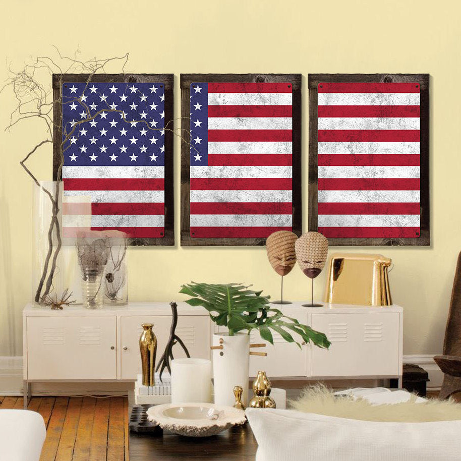 United States of America Flag, Triptych METAL Sign, Vintage, Antique, Decor, Wall Art , Optional Reclaimed Barn-wood Frame