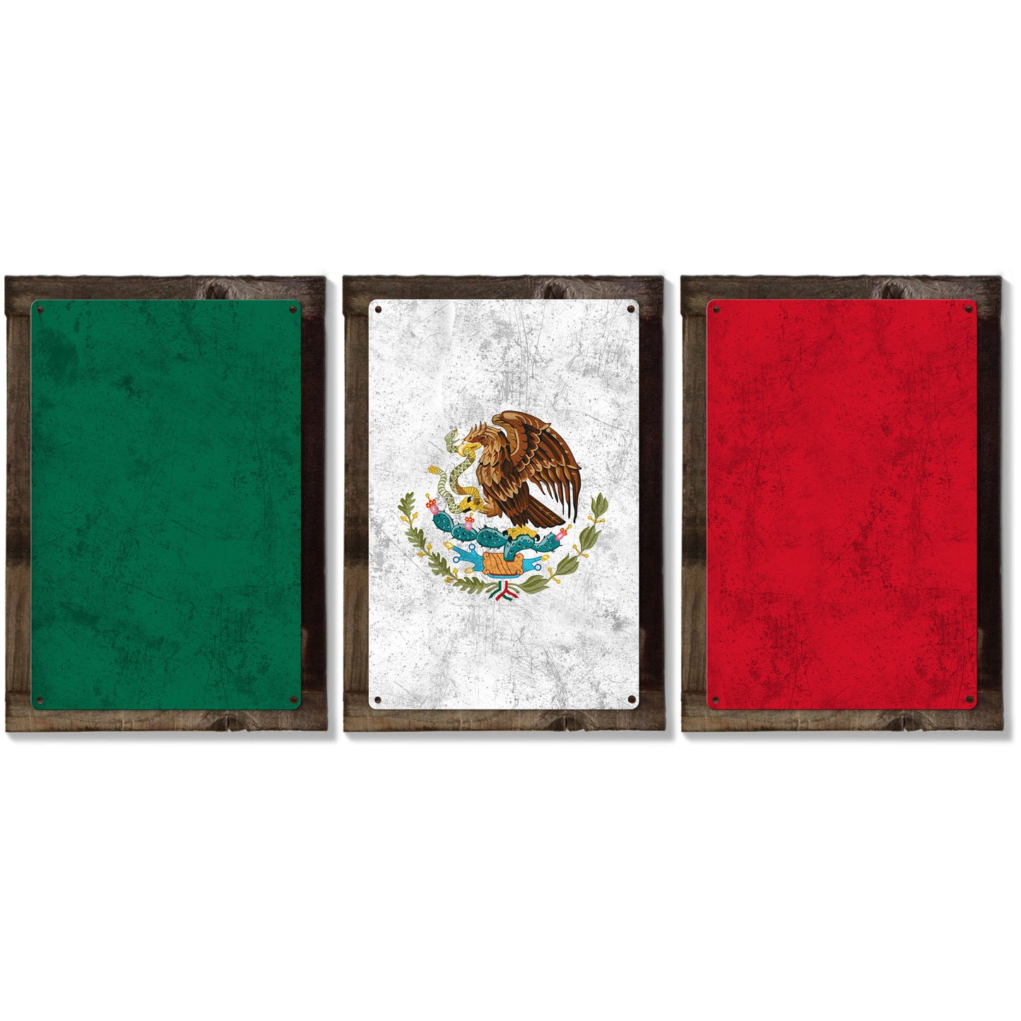 Mexico Flag, Triptych METAL Sign, Vintage, Antique, Decor, Wall Art , Optional Reclaimed Barn-wood Frame