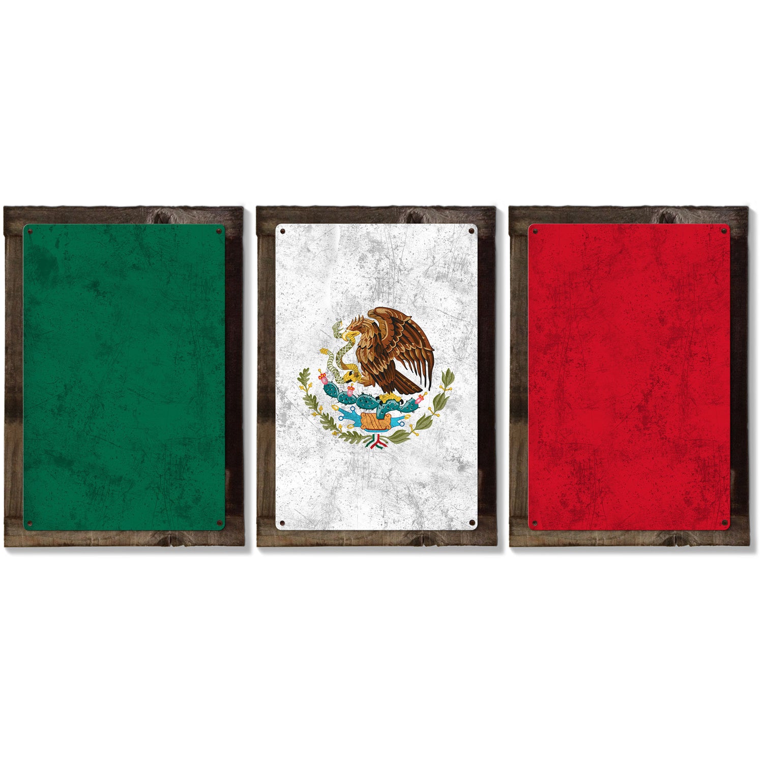 Mexico Flag, Triptych METAL Sign, Vintage, Antique, Decor, Wall Art , Optional Reclaimed Barn-wood Frame