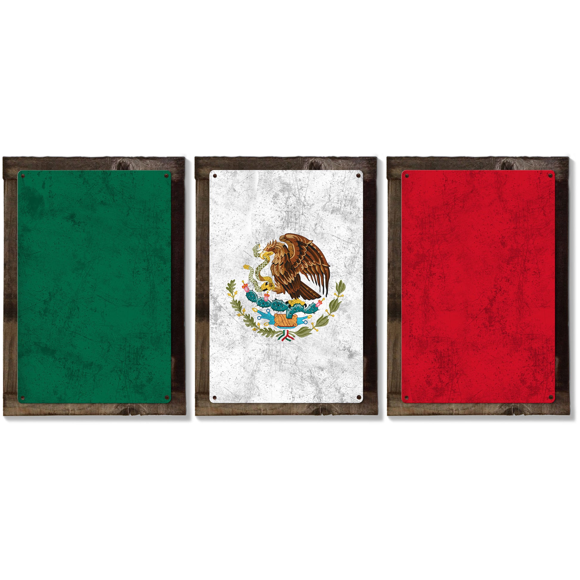 Mexico Flag, Triptych METAL Sign, Vintage, Antique, Decor, Wall Art , Optional Reclaimed Barn-wood Frame
