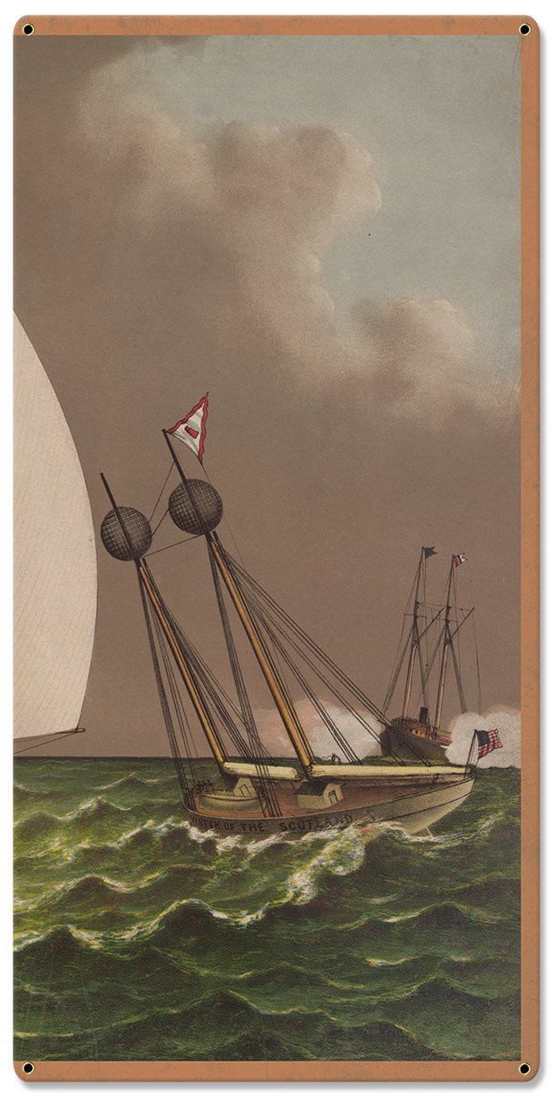 Nearing The Finish Line, The America's Cup, Volunteer, Currier & Ives 1887, Triptych Metal Sign, Americana, Wall Decor, Wall Art 54"x36"